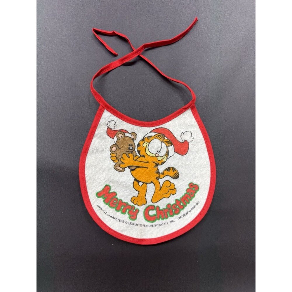 Vintage Merry Christmas Garfield And Pooky Terrycloth Baby Bib Red Trim